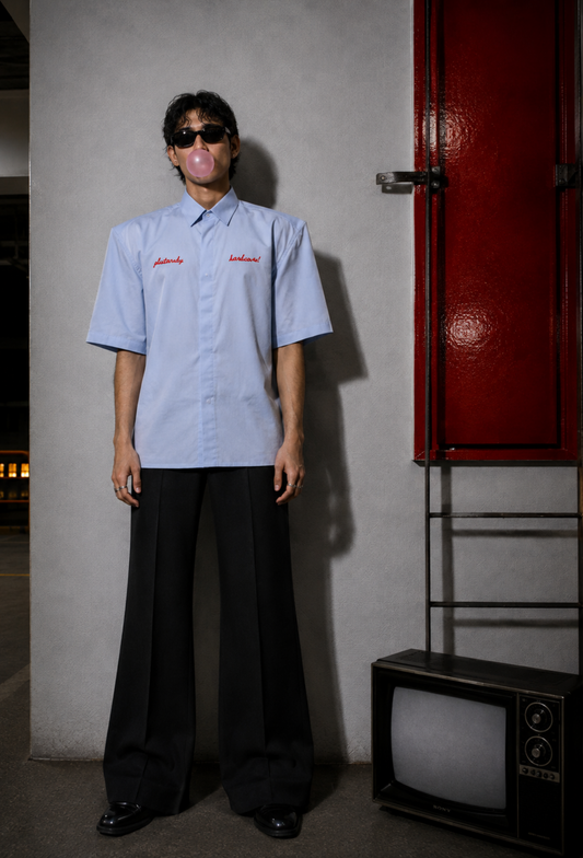 BLUE SHOULDER PAD SHIRT
